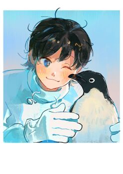 1boy :3 animal bird black_hair blue_eyes blush gloves gradient_background happy highres lingcod_dayu messy_hair one_eye_closed original penguin polaroid_photo shirt short_hair smile turtleneck upper_body white_gloves white_shirt