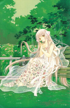 00s bench chii chobits clamp comic dress flower highres long_hair sitting solo