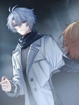 2boys alternate_costume antenna_hair blonde_hair blue_eyes blue_scarf chinese_commentary coat commentary_request gradient_hair grey_sweater highres holding holding_jewelry holding_ring honkai:_star_rail honkai_(series) jewelry layered_sleeves long_sleeves male_focus multicolored_hair multiple_boys mydei_(honkai:_star_rail) night open_clothes open_coat parted_bangs parted_lips phainon_(honkai:_star_rail) queshi62228 red_hair ring scarf short_hair sky star_(sky) starry_sky sweater white_coat white_hair yellow_eyes