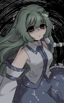Rule 34 | 1girl, aegyo sal, bare shoulders, black background, blank eyes, blue skirt, breasts, closed mouth, collared shirt, dark, detached sleeves, expressionless, green eyes, green hair, hair intakes, kochiya sanae, long hair, looking at viewer, medium breasts, pipo (pipochipzz), shaded face, shirt, signature, skirt, solo, spiral background, touhou, twitter username, white shirt