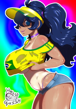 1girl @_@ artist_name bikini bikini_under_clothes black_hair black_nails blue_eyes brazilian_miku brazilian_miku_(cosplay) breasts choker closed_mouth cosplay cowboy_shot crop_top denim denim_shorts from_side gradient_background hatsune_miku helloguish hex_maniac_(pokemon) hex_maniac_(pokemon_xy) large_breasts lipstick looking_at_viewer makeup nail_polish nintendo off_shoulder pokemon pokemon_xy purple_lips shirt short_shorts shorts smile solo standing sweat swimsuit tan tanline thong twintails underboob visor_cap vocaloid wavy_mouth yellow_shirt