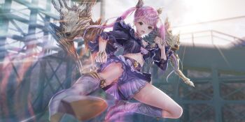 1girl azumi_nanaka black_shirt blue_reflection_(series) blue_reflection_sun blurry blurry_background boots bow breasts clenched_hands crop_top day flying_kick frilled_shirt frilled_shorts frills game_cg grey_eyes hair_ornament high_heel_boots high_heels highres incoming_attack incoming_kick kicking kishida_mel long_hair looking_at_viewer magical_girl midair midriff non-web_source official_art open_mouth outdoors pink_hair purple_boots purple_bow purple_shorts purple_skirt shirt shorts shorts_under_skirt skirt small_breasts solo sun wolf