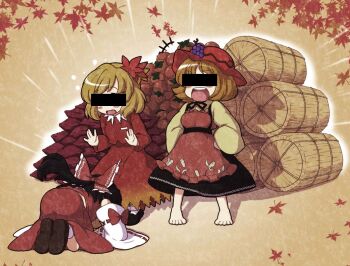 3girls aki_minoriko aki_shizuha apron bar_censor barefoot begging blonde_hair blush bow bowing brown_hair censored detached_sleeves dogeza dress face_down food food-themed_hair_ornament foot_on_head frilled_bow frills fruit fruit_hat_ornament gloating grape_hair_ornament grape_hat_ornament grapes hair_bow hair_ornament hakurei_reimu hat leaf leaf_hair_ornament leaf_on_head long_hair long_sleeves maple_leaf mob_cap multiple_girls open_mouth orange_apron persimmon prostration red_apron red_bow rice_bag shirt short_hair siblings sisters skirt smile sweet_potato tanasuke touhou