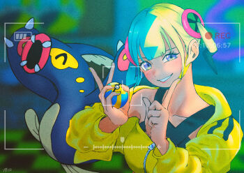 1girl banapi0504 blue_eyes blurry blurry_background canari_(pokemon) collarbone commentary_request eelektross eyelashes gen_5_pokemon grin hands_up holding holding_poke_ball holding_with_gesture hood hood_down hooded_jacket index_finger_raised jacket mask mask_pull mixed-language_commentary mouth_mask multicolored_hair nail_polish nintendo poke_ball pokemon pokemon_(creature) pokemon_legends:_z-a quick_ball recording smile teeth v viewfinder yellow_jacket yellow_nails zipper zipper_pull_tab