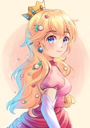 Rule 34 | 1girl, blonde hair, blue eyes, blush, breasts, closed mouth, crown, dress, earrings, elbow gloves, fire flower, flipped hair, from side, gloves, jewelry, long hair, looking at viewer, mario (series), medium breasts, mia mikhail, nintendo, pink dress, princess peach, puffy short sleeves, puffy sleeves, short sleeves, smile, solo, sphere earrings, split mouth, upper body, white gloves