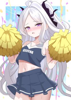 1girl absurdres aoraine black_skirt blue_archive blush breasts cheerleader collarbone commentary_request demon_girl demon_horns hair_between_eyes highres hina_(blue_archive) horns long_hair looking_at_viewer navel open_mouth pleated_skirt pom_pom_(cheerleading) purple_eyes skirt small_breasts stomach sweat very_long_hair white_hair white_trim