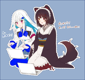 2girls animal_ears blue_hair blue_thighhighs brown_dress brown_hair colored_inner_hair computer dog_ears dog_girl dog_tail dress gradient_hair highres inui_toko inui_toko_(1st_costume) jacket japanese_clothes laptop lize_helesta lize_helesta_(1st_costume) long_hair looking_to_the_side maid maid_headdress multicolored_hair multiple_girls nijisanji open_mouth red_eyes shigure_(sigre) sidelocks smile tail thighhighs virtual_youtuber wa_maid white_hair white_headdress white_jacket