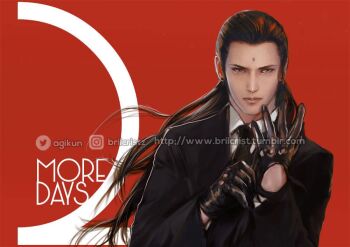 1boy adjusting_clothes adjusting_gloves bindi black_gloves black_hair black_jacket black_necktie black_suit brilcrist closed_mouth collared_shirt countdown earrings final_fantasy final_fantasy_vii final_fantasy_vii_rebirth final_fantasy_vii_remake formal_clothes gloves hair_pulled_back instagram_logo instagram_username jacket jewelry long_hair looking_at_viewer male_focus necktie portrait red_background serious shirt solo suit suit_jacket tseng tumblr_username twitter_logo twitter_username upper_body white_shirt