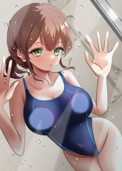 1girl against_glass agedashi_doufu_mk23 blue_one-piece_swimsuit breast_press breasts breasts_on_glass brown_hair commentary_request commission competition_swimsuit covered_navel green_eyes highleg highleg_one-piece_swimsuit highres large_breasts legs_together light_smile low_ponytail medium_hair one-piece_swimsuit original pixiv_commission ponytail sidelocks solo swimsuit