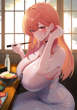 Rule 34 | 1girl, absurdres, bare shoulders, black choker, blush, bottle, bowl, braid, breasts, chinese commentary, choker, chopsticks, cleavage, commentary request, dongtan dress, dress, eating, food, grey dress, heart, heart tattoo, highres, holding, holding chopsticks, huge breasts, jewelry, long hair, looking at viewer, mirolive, necklace, noodles, orange hair, plate, ramen, red eyes, second-party source, shinkai toro, side braid, sideboob, sitting, slurping, softboiled egg, solo, tabasuko (mirolive), table, tattoo, taut clothes, taut dress, textless version, tree, virtual youtuber, window