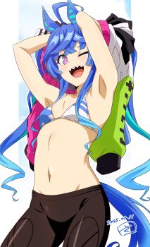 1girl @_@ ahoge animal_ears aqua_hair armpits arms_up bikini blue_hair bow breasts brown_leggings commentary_request cowboy_shot crossed_bangs dated hair_bow highres hood hoodie horse_ears horse_girl horse_tail leggings looking_at_viewer multicolored_hair multicolored_hoodie navel one_eye_closed open_mouth pillarboxed purple_eyes sharp_teeth sidelocks signature small_breasts solo striped_bow swimsuit tail teeth tsukishiros twin_turbo_(blast_mode!_turbo_engine)_(umamusume) twin_turbo_(umamusume) twintails two-tone_hair umamusume undressing