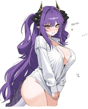 1girl blush breasts cleavage clothes_pull collared_shirt dragon_girl dragon_horns dragon_tail embarrassed furrowed_brow hair_between_eyes hair_intakes heart horns korean_text large_breasts long_hair long_sleeves looking_at_viewer naked_shirt own_hands_together parted_lips partially_open_shirt partially_unbuttoned plentyofempty pointy_ears purple_hair sakihane_huya shirt shirt_pull sidelocks simple_background sleeves_past_wrists slit_pupils solo stellive sweat tail thighs two_side_up very_long_hair virtual_youtuber white_background white_shirt yellow_eyes
