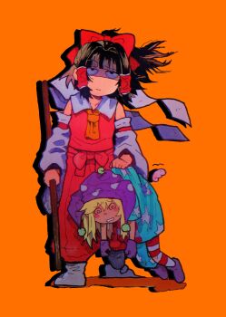 2girls @_@ absurdres american_flag american_flag_legwear american_flag_print american_flag_shirt ascot belt_bow black_eyes blonde_hair blush_stickers bow brown_hair carrying carrying_person detached_sleeves dragging drooling flag_print floating_hair gloves gohei hair_bow hair_tubes hakama half-closed_eyes hat highres holding holding_gohei inuyama_konan japanese_clothes jester_cap long_sleeves medium_hair multiple_girls orange_ascot orange_background polka_dot_hat print_shirt purple_gloves purple_hat purple_shoes raised_eyebrow raised_inner_eyebrows red_bow red_hakama red_shirt saliva shaded_face shirt shoes simple_background spiral-only_eyes touhou unconscious