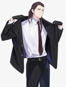 1boy belt belt_buckle bindi black_belt black_gloves black_hair black_jacket black_necktie black_pants black_suit buckle closed_mouth collared_shirt cowboy_shot earrings final_fantasy final_fantasy_vii final_fantasy_vii_rebirth final_fantasy_vii_remake formal_clothes gloves grey_background hair_pulled_back highres jacket jewelry long_hair long_sleeves male_focus necktie pants shirt sidelocks solo suit suit_jacket tseng white_shirt yunyunonigiri