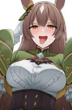 1girl :d absurdres animal_ears breasts brown_corset brown_hair commentary corset diamond_(shape) dress ear_ornament framed_breasts freaky_satono_diamond_(meme) green_dress highres horse_ears horse_girl long_sleeves looking_at_viewer medium_breasts meme multicolored_hair namikare open_mouth satono_diamond_(natural_brilliance)_(umamusume) satono_diamond_(umamusume) simple_background sleeves_past_fingers sleeves_past_wrists smile solo streaked_hair tongue tongue_out two-tone_hair umamusume upper_body white_background white_hair yellow_eyes