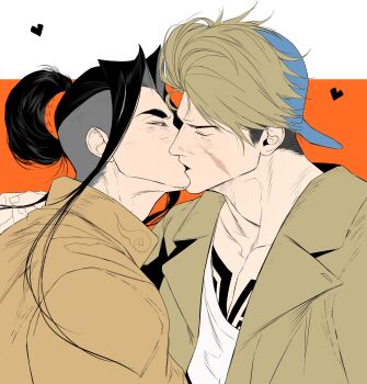 2boys aprnin backwards_hat baseball_cap black_hair blue_hat chest_tattoo closed_eyes collarbone commentary curtained_hair facial_scar hat heart highres jacket jamie_siu kiss lapels looking_at_another luke_sullivan male_focus multiple_boys official_alternate_costume open_clothes open_jacket ponytail popped_collar scar scar_on_cheek scar_on_face shirt street_fighter street_fighter_6 symbol-only_commentary tattoo undercut upper_body white_shirt yaoi yellow_jacket