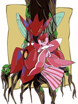 1girl 1other antennae arthropod_girl arthropod_limbs border colored_skin commentary full_body furry furry_female gen_2_pokemon gen_7_pokemon highres insect_wings kaguya_hobby looking_at_another looking_at_viewer lurantis mantis_girl monster_girl multicolored_skin nintendo no_mouth pincers pink_eyes pink_skin plant_girl plant_roots pokemon pokemon_(creature) pokemon_focus praying_mantis red_skin scizor simple_background sitting symbol-only_commentary tree white_border white_skin wings yellow_background yellow_eyes