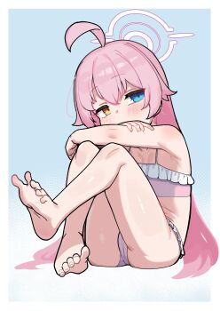 1girl absurdres ahoge armpits ass bad_tag bikini blue_archive blue_eyes blush border cameltoe feet female_focus flat_chest gradient_background halo heterochromia highres hoshino_(blue_archive) leonat loli looking_at_viewer pink_hair sitting solo swimsuit thighs toes white_border yellow_eyes