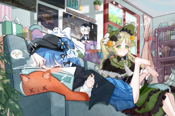 Rule 34 | 2girls, absurdly detailed composition, absurdres, banbanban li, barefoot, black capelet, black hat, blue hair, blush, bookshelf, box, calendar (object), capelet, checkered clothes, checkered skirt, commentary request, crying, crying with eyes open, dress, frilled dress, frills, full body, gift, gift box, green eyes, green hair, green hat, hair between eyes, hat, highres, loaded interior, long hair, lying, mahou shoujo no majo saiban, medium hair, multiple girls, on person, on stomach, orange eyes, plant, poster (object), potted plant, skirt, spoken blush, squiggle, stuffed animal, stuffed cat, stuffed toy, tachibana sherry, tears, teddy bear, tickling, tickling feet, tono hanna, twintails, victorian, window, yuri
