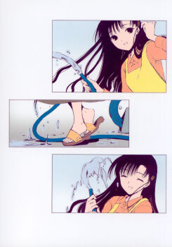00s 1girl 2002 black_hair chobits clamp clamp_(circle) comic feet hibiya_chitose highres hose long_hair official_art portrait postcard_(medium) silent_comic smile water