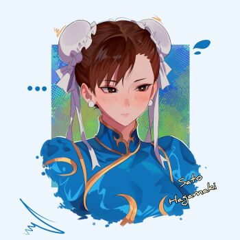 1girl artist_name asymmetrical_bangs blue_dress blush brown_eyes brown_hair bun_cover capcom china_dress chinese_clothes chun-li commentary cropped_shoulders double_bun dress english_commentary facing_viewer gold_trim hair_bun highres jewelry long_hair looking_to_the_side portrait sato_hagamaki short_hair sideways_glance simple_background solo street_fighter street_fighter_ii_(series) white_background