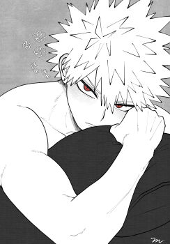 1boy bakugou_katsuki boku_no_hero_academia closed_mouth highres m895m male_focus monochrome red_eyes short_hair solo spiked_hair tagme topless_male