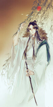 1boy bag bandaged_neck bandaged_wrist bandages bird black_eyes black_hair branch chinese_clothes chinese_commentary commentary_request day flower hair_bun hand_up hanfu highres holding holding_stick leaf long_hair long_sleeves looking_at_viewer male_focus parted_lips robe sash shoulder_bag sidelocks single_hair_bun solo standing starember stick sun tianguan_cifu white_hanfu white_sash wide_sleeves willow xie_lian