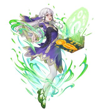 1girl attack book breasts brooch cleavage dress fire_emblem fire_emblem_heroes flat_chest floating floating_book floating_object gold_trim high_heels highres jewelry lace lace-trimmed_dress lace_trim long_hair lysithea_von_ordelia lysithea_von_ordelia_(timeskip) magic_circle nintendo non-web_source official_alternate_costume official_art open_book open_mouth pantyhose pumps purple_dress red_eyes solo veil white_hair