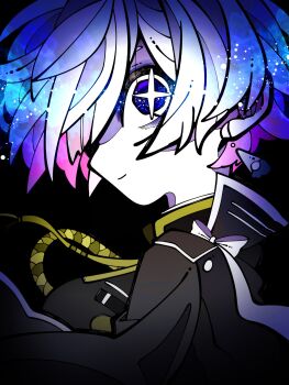 1girl black_background blue_eyes breasts cape commentary_request from_side goddess_of_victory:_nikke gradient_hair hair_between_eyes highres large_breasts liliweiss_(nikke) multicolored_hair nightwalk4869 shiny_eyes short_hair simple_background solo star-shaped_pupils star_(symbol) symbol-shaped_pupils upper_body white_hair