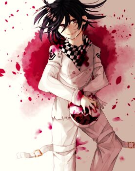 Rule 34 | 1boy, arm belt, belt, belt buckle, black hair, black scarf, blood, blood on clothes, blood stain, buckle, buttons, chain, checkered clothes, checkered scarf, clown mask, colored tips, commentary request, cowboy shot, crest, crying, crying with eyes open, danganronpa (series), danganronpa v3: killing harmony, dot nose, double-breasted, gold buckle, gomabu (rirurutennsi), hair between eyes, hair spread out, holding, holding mask, injury, jacket, long hair between eyes, looking at viewer, lying, male focus, mask, multicolored buttons, multicolored hair, oma kokichi, on back, open belt, open mouth, pants, petals, pink blood, pool of blood, purple eyes, sad smile, scarf, shade, short hair, solo, streaming tears, tears, teeth, thigh belt, thigh strap, torn clothes, torn jacket, two-tone scarf, white background, white belt, white jacket, white pants, white scarf