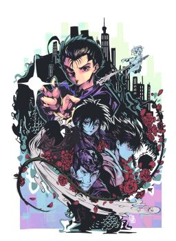 Rule 34 | 1girl, 4boys, black hair, border, botan (yu yu hakusho), brown eyes, city, clenched teeth, collared jacket, flower, frogoutofwell, gakuran, hashtag-only commentary, hiei (yu yu hakusho), highres, jacket, kurama (yu yu hakusho), kuwabara kazuma, long hair, looking at viewer, looking to the side, male focus, multiple boys, oar, object riding, open collar, outstretched arms, petals, plant, pompadour, profile, red flower, red rose, rei gun, rose, school uniform, sideways glance, spiked hair, teeth, thorns, urameshi yuusuke, vines, white border, yuu yuu hakusho