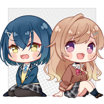 2girls black_choker black_pantyhose black_socks blue_hair blue_jacket blue_necktie blush bow bowtie brown_cardigan brown_hair cardigan chibi chibi_only choker collared_shirt commentary diagonal-striped_clothes diagonal-striped_necktie english_commentary fang fpsmoe gyaru hair_ornament hairclip heart heart_necklace jacket jewelry long_hair medium_hair mole mole_under_eye multiple_girls necklace necktie open_clothes open_jacket open_mouth pantyhose pleated_skirt purple_eyes red_bow red_bowtie satou_yumiko seiyuu_radio_no_uraomote shirt single_hair_intake skin_fang skirt socks striped_bow striped_bowtie striped_clothes sweatdrop triangle_hair_ornament vest watanabe_chika white_shirt yellow_eyes yellow_vest