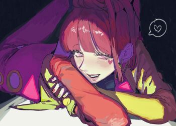 1girl blunt_bangs earrings gnosia hair_between_eyes half_up_bun heart heart_earrings heart_tattoo high_ponytail highres jewelry leotab12 long_hair long_sleeves looking_at_viewer ponytail red_eyes red_hair simple_background smile solo sq_(gnosia) tattoo