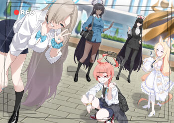 5girls absurdres ahoge animal_ears aqua_bow aqua_bowtie asuna_(blue_archive) asuna_(school_uniform)_(blue_archive) asymmetrical_bangs black_hair black_halo black_pantyhose blonde_hair blue_archive blue_bow blue_bowtie blue_cardigan blue_halo blue_scrunchie bow bowtie braid breasts button_gap cardigan dark-skinned_female dark_skin detached_sleeves dress dutch_angle dy_kai floral_print_shirt fox_ears fox_girl hair_over_one_eye halo highres huge_ahoge karin_(blue_archive) karin_(school_uniform)_(blue_archive) large_breasts long_hair looking_at_viewer millennium_science_school_logo multicolored_halo multiple_girls neru_(blue_archive) neru_(school_uniform)_(blue_archive) orange_hair pantyhose purple_halo recording red_eyes rio_(blue_archive) school_uniform scrunchie seia_(blue_archive) single_braid sleeves_past_wrists small_breasts squatting two-tone_halo very_long_hair viewfinder w white_dress wrist_scrunchie yellow_halo