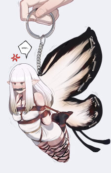 1girl absurdres airy_(bravely_default) arms_behind_back bit_gag blunt_bangs bound bound_arms bravely_default:_flying_fairy bravely_default_(series) butterfly_wings chain charm_(object) cross-laced_clothes cross-laced_legwear drooling fairy fairy_wings gag gagged gradient_hair highres insect_wings mini_person minigirl multicolored_hair pointy_ears saliva sally_(luna-arts) shibari shibari_over_clothes solo_focus speech_bubble staple stapled suspension white_hair wings