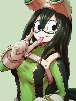 1girl asui_tsuyu asui_tsuyu_(hero_outfit) black_eyes bodysuit boku_no_hero_academia breasts cutterhappa female_focus gloves goggles goggles_on_head green_bodysuit green_hair large_breasts long_hair low-tied_long_hair solo superhero_costume tongue tongue_out white_gloves