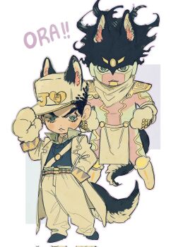 Rule 34 | 1boy, animal ears, animal hands, belt, black hair, blue hair, chibi, coat, commentary, diamond wa kudakenai, ears through headwear, full body, gloves, hand in pocket, hat, highres, jojo no kimyou na bouken, kemonomimi mode, kuujou joutarou, looking at viewer, male focus, mnnd, multiple belts, paw gloves, popped collar, stand (jojo), star platinum, symbol-only commentary, tail, wolf ears, wolf tail