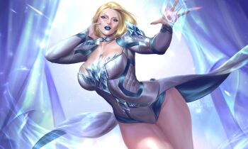 1girl absurdres artist_name blonde_hair blue_bodysuit blue_eyes blue_lips bodysuit breasts earrings emma_frost highres jewelry large_breasts marvel marvel_rivals multicolored_bodysuit patreon_username short_hair sleinyeswownc smile solo superhero_costume thighs two-tone_bodysuit x-men