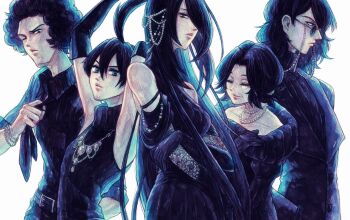 2girls 3boys aaron_(pokemon) afro ahoge alternate_costume alternate_hair_color arms_up belt bertha_(pokemon) black_gloves black_hair bracelet cynthia_(pokemon) elbow_gloves flint_(pokemon) gloves goth_fashion jewelry lucian_(pokemon) multiple_boys multiple_girls necklace necktie nintendo painting_(medium) pearl_necklace pokemon pokemon_dppt sunglasses traditional_media turtleneck ura_(mukimeineko) watercolor_(medium) white_background