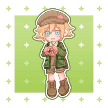 Rule 34 | 1boy, basil (birthday) (omori), basil (faraway) (omori), basil (omori), blonde hair, blue eyes, blush, boots, brown bag, brown boots, brown hat, brown overalls, cardigan, chibi, chibi only, chinese commentary, collared shirt, commentary request, double-parted bangs, flower wreath, full body, green cardigan, hair between eyes, hat, head wreath, highres, holding head wreath, long sleeves, looking at viewer, male focus, newsboy cap, official alternate costume, omori, open cardigan, open clothes, open mouth, overall shorts, overalls, rainbrey 0801, shirt, short hair, sidelocks, smile, solo, white shirt