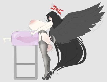 1futa black_hair black_thighhighs black_wings blue_archive blush breasts breeding_mount cum ejaculation futanari garter_belt halo hasumi_(blue_archive) high_heels highres huge_breasts huge_penis huge_testicles long_hair penis red_eyes sealguy simple_background sweat testicles thighhighs very_long_hair wings