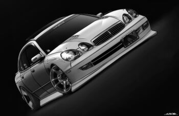 black_background car grey_car greyscale highres monochrome motor_vehicle no_humans original shadow stance_(vehicle) suimagi toyota toyota_aristo vehicle_focus