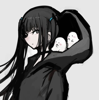 Rule 34 | 1girl, absurdres, black hair, chuhaibane, commentary, english commentary, expressionless, from side, ghost, grey eyes, hair tie, highres, hood, hood up, hoodie, long hair, looking to the side, original, simple background, solo, twintails, upper body, white background