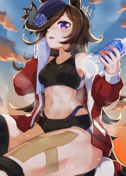 Rule 34 | 1girl, animal ears, black shorts, blue flower, blue hat, blue rose, blush, bottle, breasts, brown hair, collarbone, commentary request, flipped hair, flower, hair over one eye, hat, hat flower, highres, holding, holding bottle, holding towel, horse ears, horse girl, horse tail, jacket, kinesiology tape, long hair, looking at viewer, midriff, navel, neru ika, open clothes, open jacket, panty straps, parted lips, purple eyes, red jacket, rice shower (umamusume), rose, shorts, sky, solo, sports bra, sweat, tail, tilted headwear, toned, toned female, towel, tracen training uniform, track jacket, umamusume, water bottle