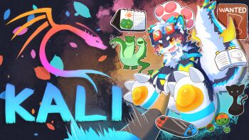 absurdres animal_hands calendar_(object) commentary dragon english_commentary english_text furry furry_male glasses highres kali_linux linux mofuchya nintendo_switch open_mouth original petals tail wanted_poster western_dragon