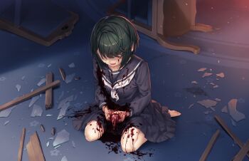 1girl barefoot bleeding blood blood_on_clothes blood_on_face blood_splatter blush cuts full_body game_cg glass_shards green_hair guro highres indoors injury kaguyuzu kuryo_nozomi looking_at_viewer looking_down nie_no_hakoniwa non-web_source open_mouth school_uniform serafuku short_hair sitting smile solo uterus