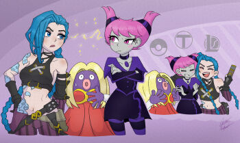 3girls :o arcane:_league_of_legends arcane_jinx arm_tattoo bare_shoulders black_choker black_gloves black_shirt blonde_hair blue_eyes blue_hair blush braid breasts choker chris-thekid closed_mouth colored_skin commentary crop_top crossed_arms crossover dc_comics dress elbow_gloves english_commentary eyelashes gen_1_pokemon gloves hair_horns hand_on_own_hip highres hip_tattoo holding holding_weapon jinx_(dc) jinx_(league_of_legends) jynx league_of_legends lips long_hair long_sleeves looking_at_another midriff multiple_girls multiple_views name_connection navel nintendo open_mouth pants pantyhose pink_eyes pink_hair poke_ball_symbol pokemon pokemon_(creature) purple_dress purple_pants purple_pantyhose purple_skin red_dress shirt short_hair signature smile spikes striped_clothes striped_pants striped_pantyhose sweatdrop tattoo teen_titans teeth twin_braids upper_teeth_only vertical-striped_clothes vertical-striped_pants very_long_hair weapon