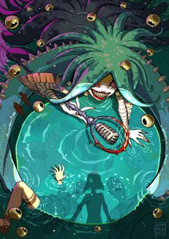 1girl 6+boys alina_mgh_art arm_fins asphyxiation drowning eyeshadow grin hades_(series) hades_2 holding holding_microphone makeup microphone microphone_stand multiple_boys pink_eyeshadow scylla_(hades) sharp_teeth smile teeth water