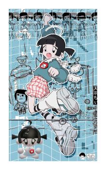 1girl 3d ahoge arm_up black_eyes black_hair blue_background blue_sweater blunt_bangs border character_name clenched_hands detached_wings doodle_inset drop_shadow fang grid_background highres leg_warmers long_sleeves looking_at_viewer looking_to_the_side mini_wings mixed_media multiple_views name_tag no_sclera open_mouth original plaid_clothes plaid_shorts puffy_long_sleeves puffy_shorts puffy_sleeves raised_fist recurring_image shoes short_shorts short_twintails shorts sneakers sweater tof_x_x twintails white_border wings