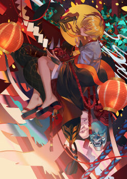 1boy bird blonde_hair ccrxx110 full_body hannya highres lantern male_focus mask noh_mask onmyoji paper_lantern plant prajna_(onmyoji) rope sandals serpent shide shimenawa solo unworn_mask